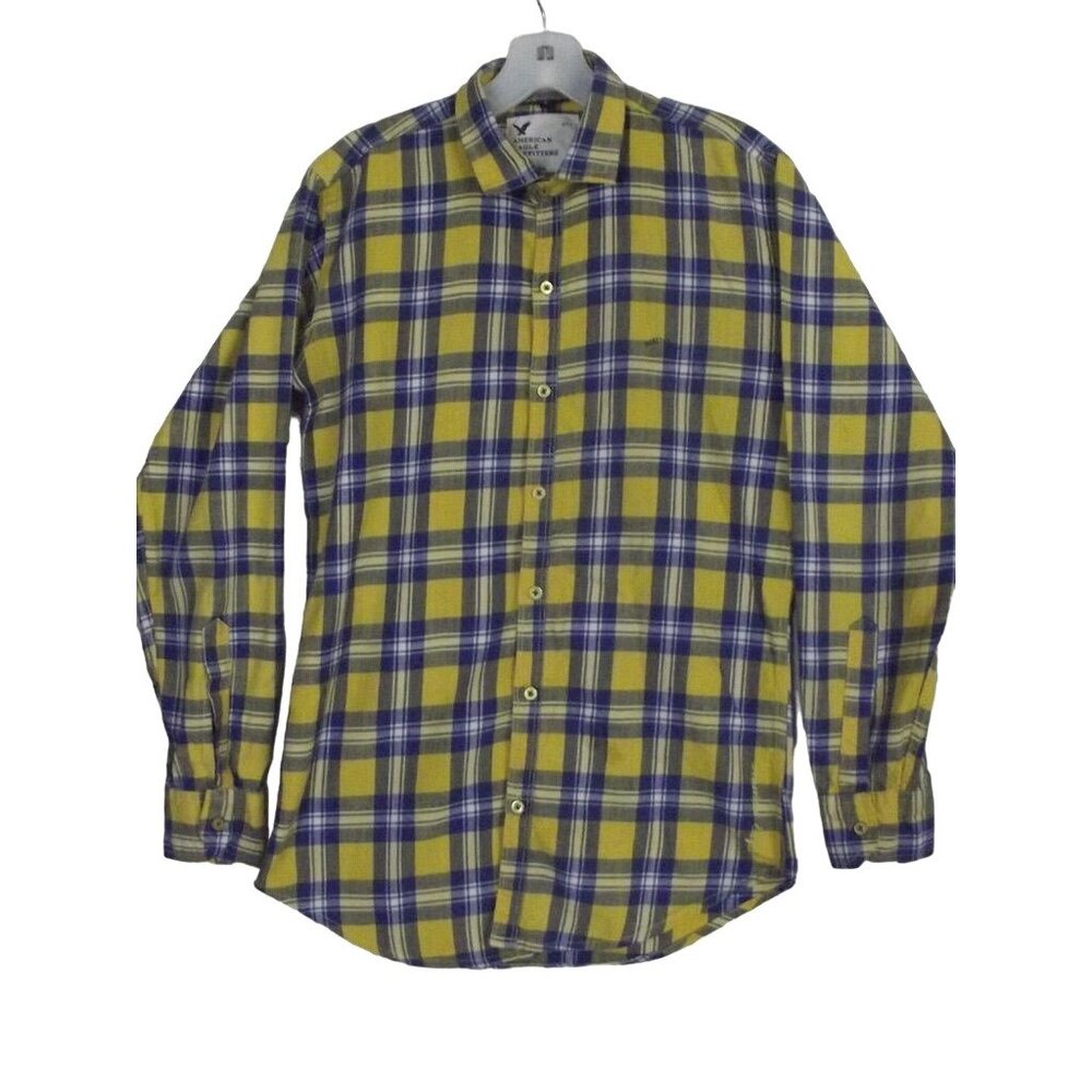 American Eagle Shirt "SIDNEY-CALAIS" Womens Large Blue Yellow Plaid Boyfriend